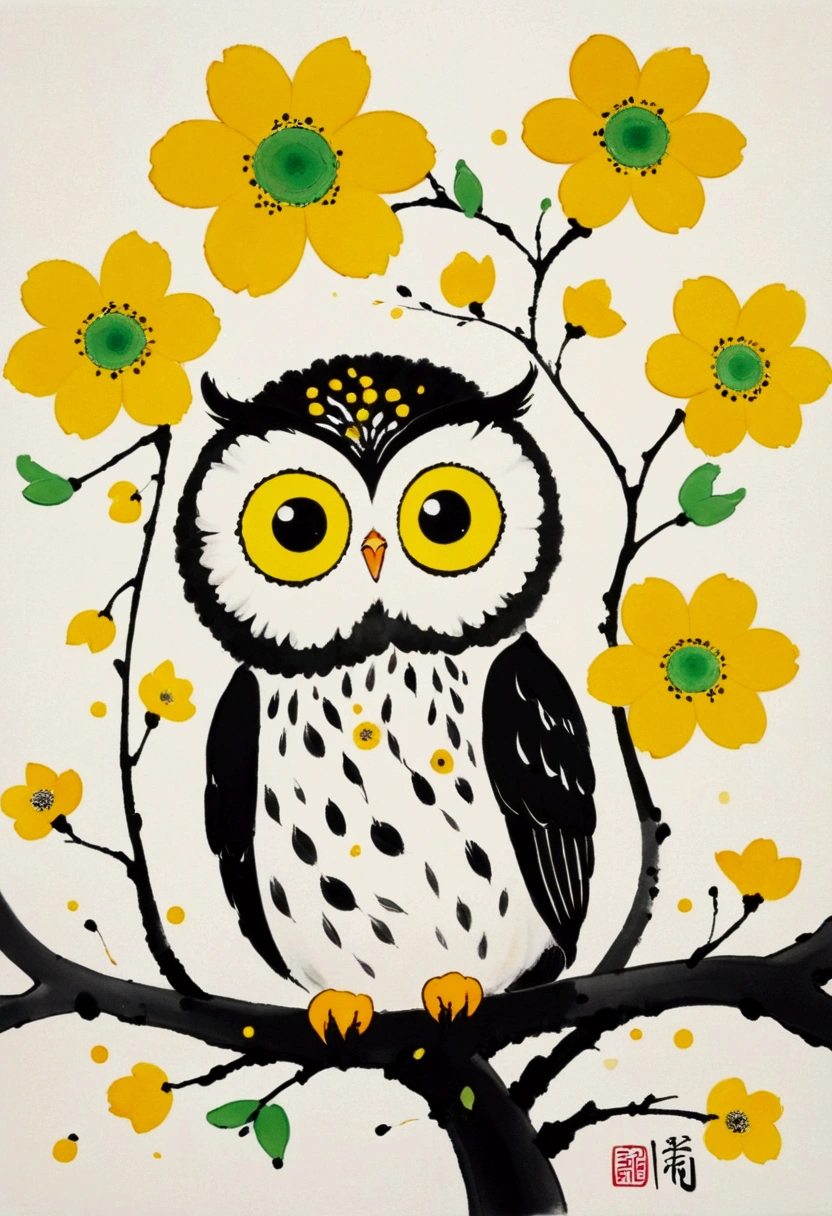 Ink Painting，Blooming，Dripping，。A cute little owl，fat，hairy，yellow flowers,  Inspired by Wu Guanzhong, Inspired by Qi Baishi, Inspired by Tarsila do Amaral, Inspired by Etel Adnan, by Walasse Ting, Inspired by Emil Nolde, 