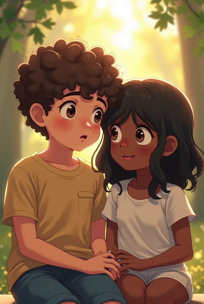 An anime manga a white boy with curly brown hair and big brown eyes sitting next to a black girl with shoulder length hair and brown eyes a few inches shorter 