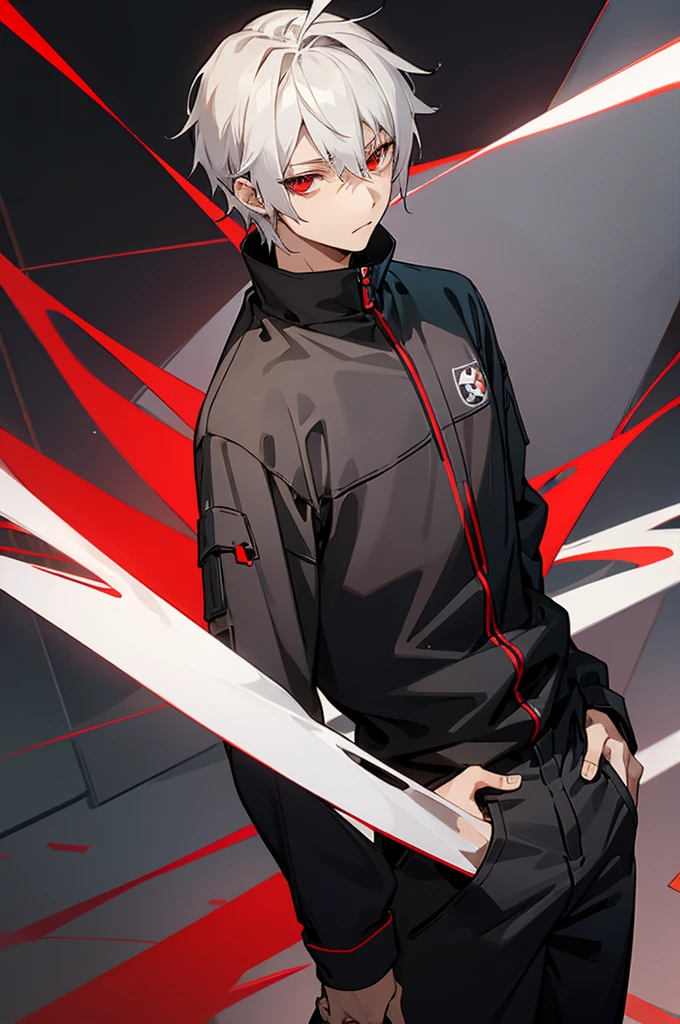 male, young adult, White Hair, Red eyes, Black and gray jumpsuit, SOS Logo.