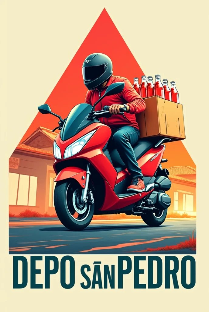 2d drawing of a red delivery motorcycle with bottled supplies, Behind her the triangular shape of the top of a house and below the letters Depo San Pedro