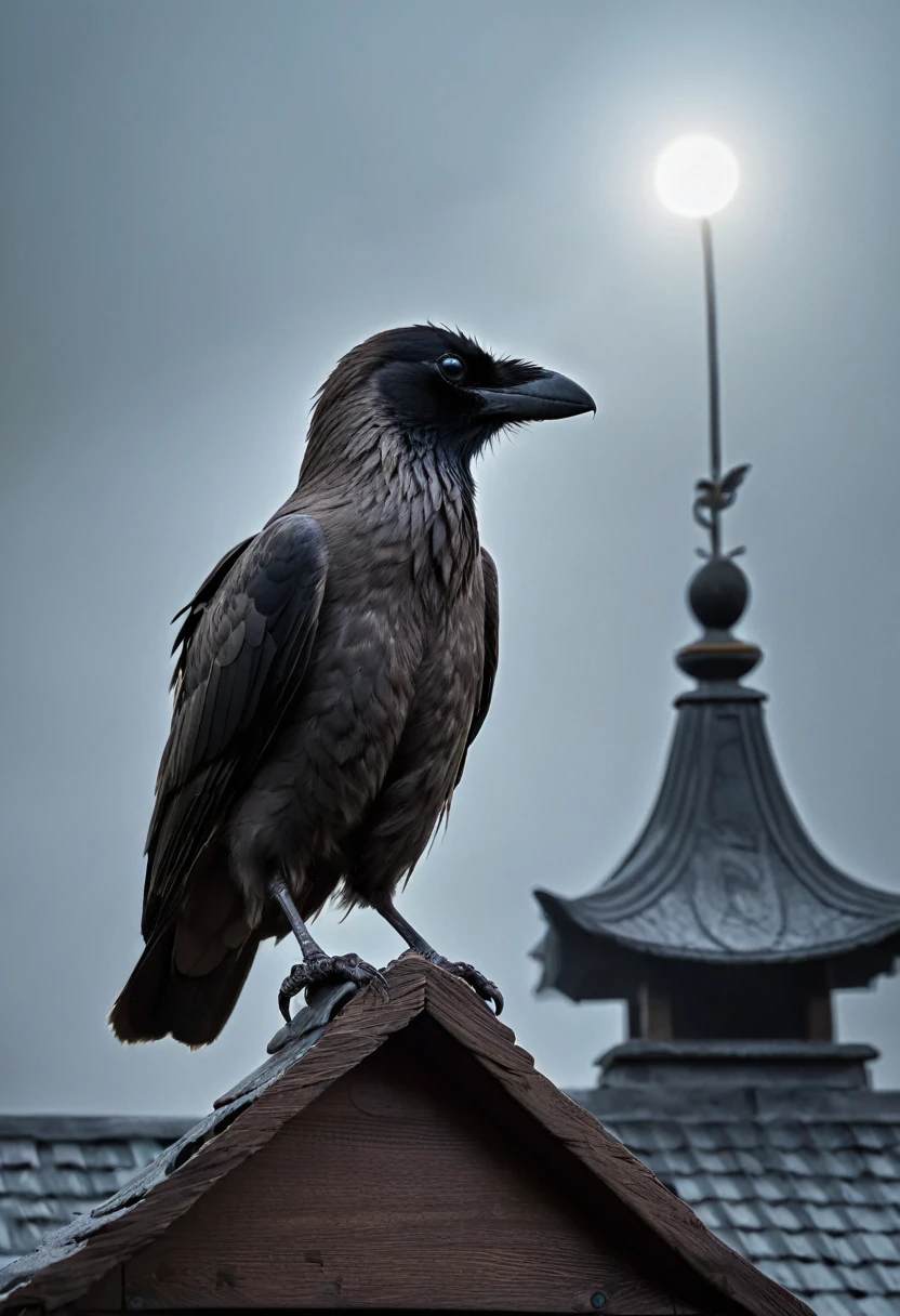 3-eyed raven perched on the roof of Valhalla, the temple of the Norse gods, shrouded in mist, dark and foreboding, professional camera, professional lighting, 1 bird, highly detailed, cinematic, dramatic lighting, moody, atmospheric, photorealistic, 8k, ultra-detailed, realistic, (best quality:1.2), (photorealistic:1.37)