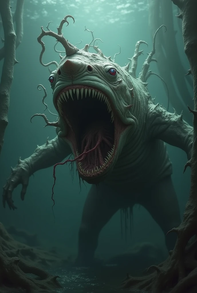 Make me a realistic image of a mermaid that looks like a monster showing its sharp teeth in front of the camera and behind it a forest of gigantic algae. suddenly, Realistic luminescent hands emerge from the seaweed and drag him down.