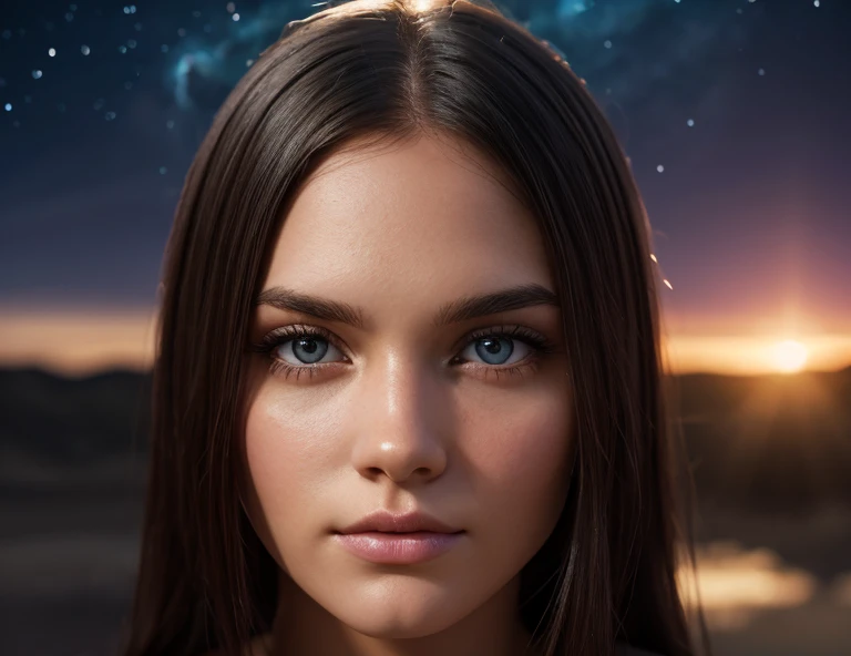 Masterpiece, Superb Girl (Meagan Fox, age 20), Cute Girl, Bust, High Detail Eyes, Perfect Eyes, Portrait, High Detail Face, Same Eyes, Glare, Rainbow Color, Global Illumination, Soft Light, Dream Light, Digital Painting, 8K Close-up, Fantasy, Night Sky, Stars, Nebula, White Crystal, Moonlight, Serenity, Summer, (8K:1.1)