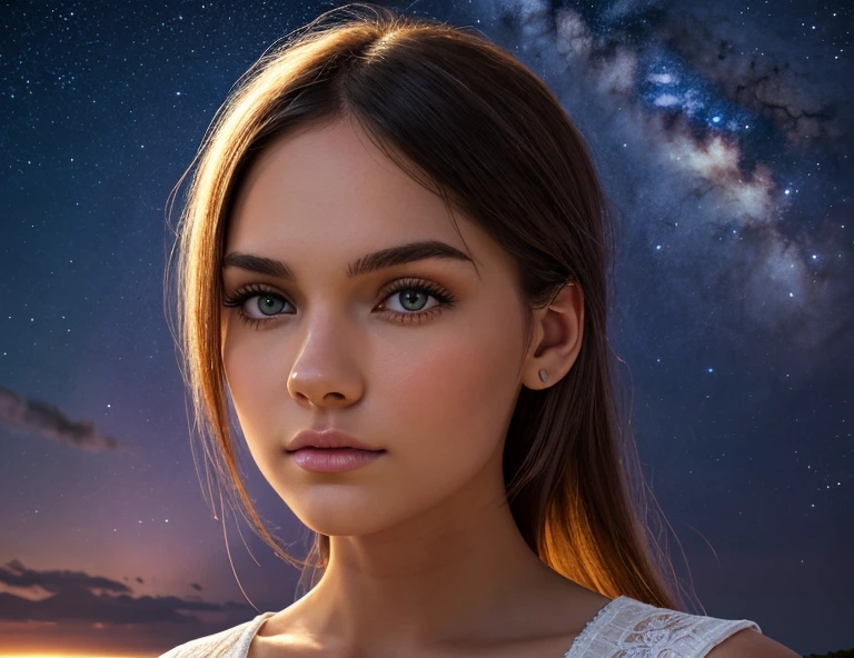 Masterpiece, Superb Girl (Meagan Fox, age 20), Cute Girl, Bust, High Detail Eyes, Perfect Eyes, Portrait, High Detail Face, Same Eyes, Glare, Rainbow Color, Global Illumination, Soft Light, Dream Light, Digital Painting, 8K Close-up, Fantasy, Night Sky, Stars, Nebula, White Crystal, Moonlight, Serenity, Summer, (8K:1.1)