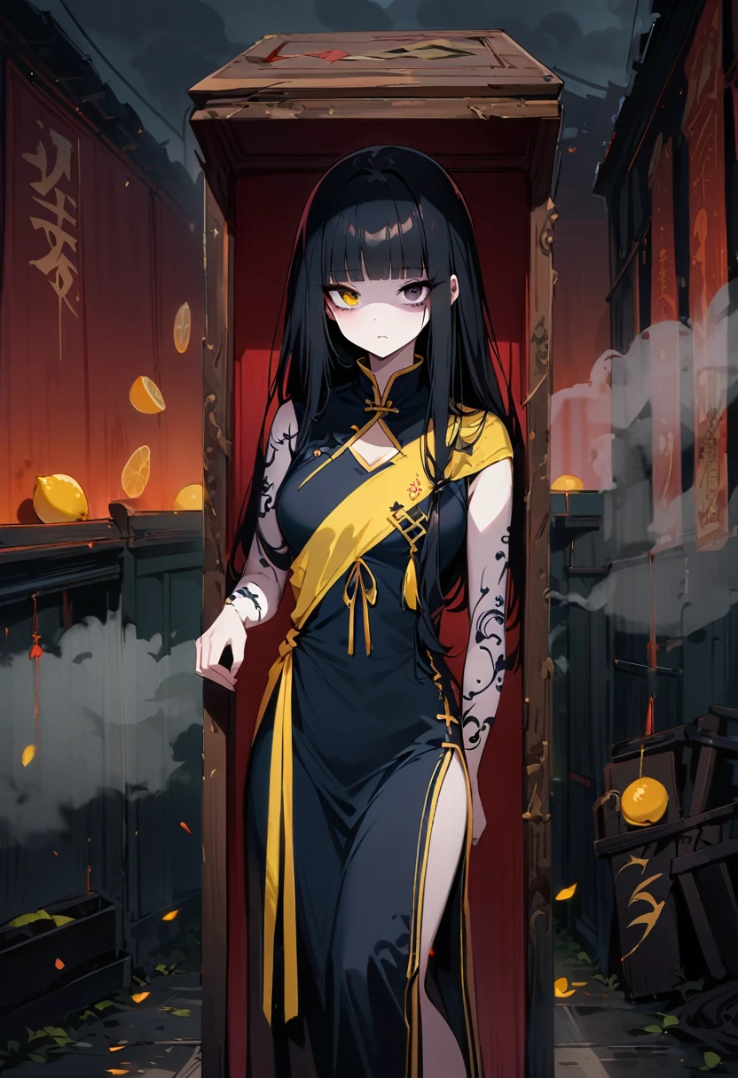 roller:flat:-1.2, masterpiece, Highest quality, 4K, 8k, 1 female, alone, Pale skin, tall, Long Hair, Blunt bangs, Side braid, Black Hair, Ugly Face, Bad face, Bad Eye, Droopy eyes, unclear eyes, Lemon yellow eyes, Pale skin, Black eyeliner, Black eyeshadow, Heterochromia iridis, Slim figure, It was scary, Ofuda, Kyungsi Costume:1.2, Sheath Long Skirt, China dress, tooth, Horror, coffin, Dark Night, Stormy weather, fog, from the front, Cowboy Shot, View the viewer, front leg pose,