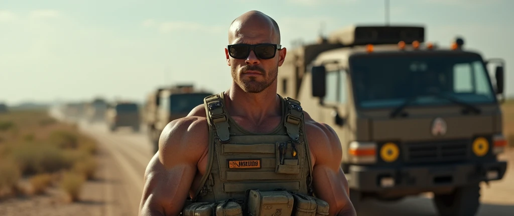 4k ((best quality)), ((masterpiece)), (detailed), hd, realistic face very muscular bald male soldier full body stand by military truck sunglass