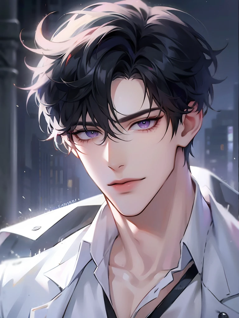 (masterpiece, 8k, high quality, best quality:1.6), 1boy, solo, short hair, black hair, asymmetrical fringe, purple eyes, handsome, sharp eyes, (mature male, mature:1.2), male focus, fashionable, tucked in open white collared shirt, gray pants, necklace, close up, smile, long eyelashes, soft shadows, perfect anatomy, hand touching camera