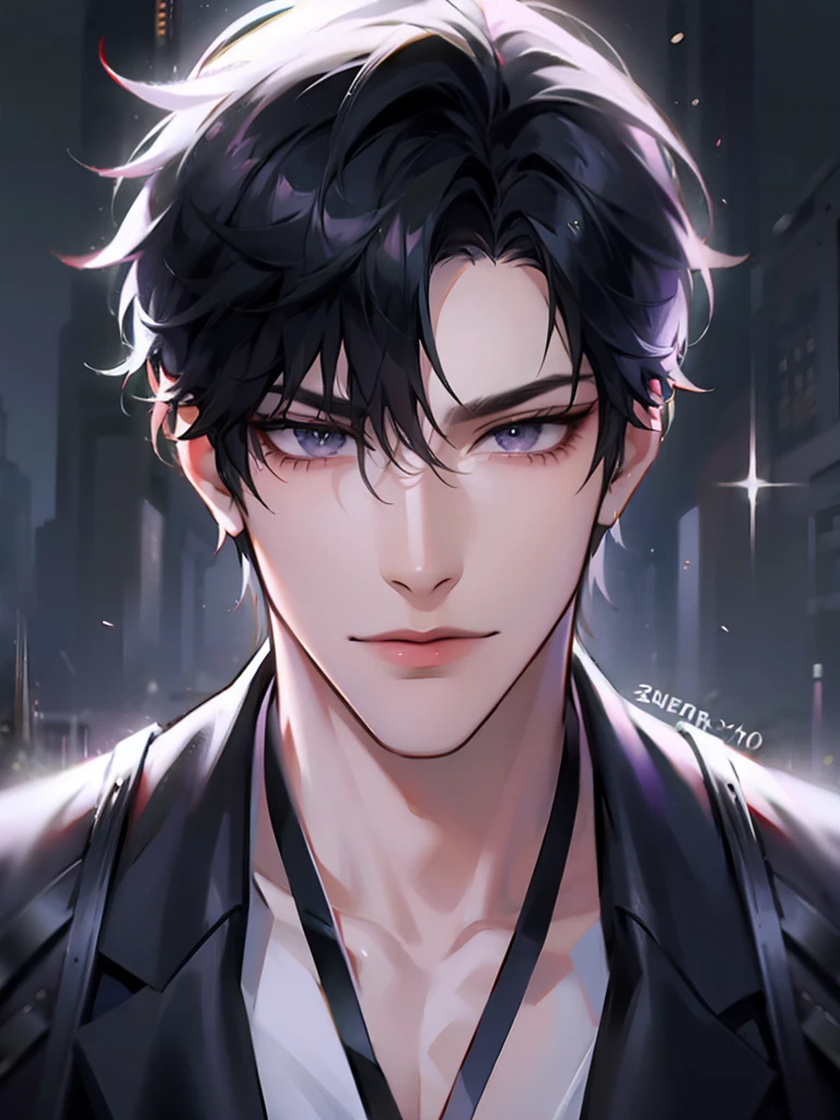 (masterpiece, 8k, high quality, best quality:1.6), 1boy, solo, short hair, black hair, asymmetrical fringe, purple eyes, handsome, sharp eyes, (mature male, mature:1.2), male focus, fashionable, tucked in open white collared shirt, gray pants, necklace, close up, smile, long eyelashes, soft shadows, perfect anatomy, hand touching camera