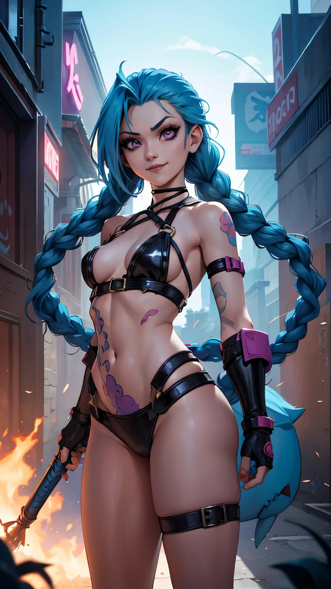 nx, arcane, Jinx character from League of Legends, long neon blue hair in braids, Perfect small breasts, scantily clad, underwear, Sex Woman, perfect hands, double hair braids, Braided hair, Minipistola, Juxtaposition of light& shadow, moody, intense, feroz, cinematic lighting, rake light, Long luminous shadows, high quality, smiling while holding a shark-shaped rocket launcher, anime style face, perfect body.