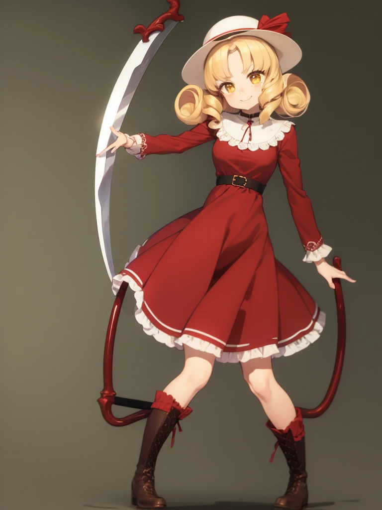 a drawing of an anime character in a red dress and boots with a large scythe, ((high end)), (UHD picture), (best quality,4k,8k,highres,masterpiece:1.2), top-quality(​masterpiece), top-quality, ultra-detailed, highly detailed texture, intricate details, high quality textures, masterpiece, best quality, perfect quality, perfect anatomy, perfect body, perfect symmetrical face, perfect hands, perfect feet, (two arms:1.2), (two legs:1.2), (five fingers each:1.2), (perfect joint:1.2), perfect joint movement, precise fingers and hands, 1 beautiful girl, 1 girl, alone, solo, , 10 years old, (((****))), ((childish)), hat, white hat, blonde hair, long hair, parted bangs, drill hair, well-formed face, yellow eyes, maxi dress, red dress, dress, long sleeves, frills, long skirt, simple background, scythe, holding scythe, holding, white socks, smile, cute face, beautiful, holding scythe