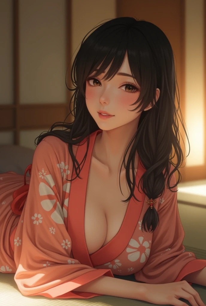 A very cute face like an idol、like々A 19-year-old woman with a cute face、Gentle and cute、A kind smile、(((Japanese Yukata)))、(night)、(((Lying down on a futon in a Japanese-style room at a Japanese inn)))、((Cleavage、I can see your thighs))、((Full body portrait))、RAW Photos、Genuine、High resolution