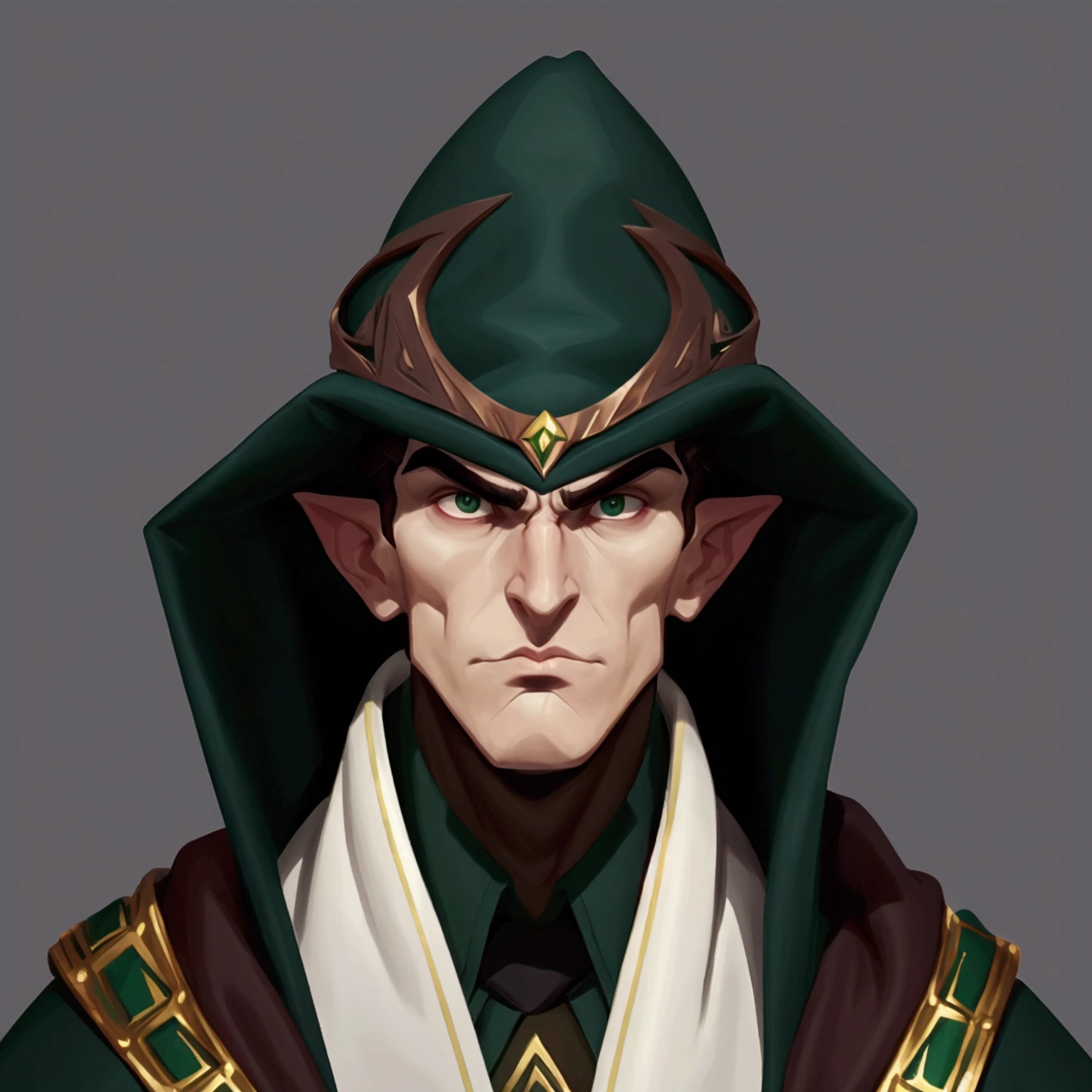20's white male, Wearing a cloak, brown short hair, Dark eyebrows, Sharp and prominent cheekbones, A nose that extends straight in a straight line, tightly shut mouth, Very sharp jawline, slightly protruding chin, green eyes, Brown cloak with dark green hat, A protective piece of iron on the shoulder, The skin is dark but white., He is frowning, so his eyebrows are directly above his crescent-shaped eyes., A slanted face that protrudes forward as the face descends toward the chin., Upper body center, Zoom in,