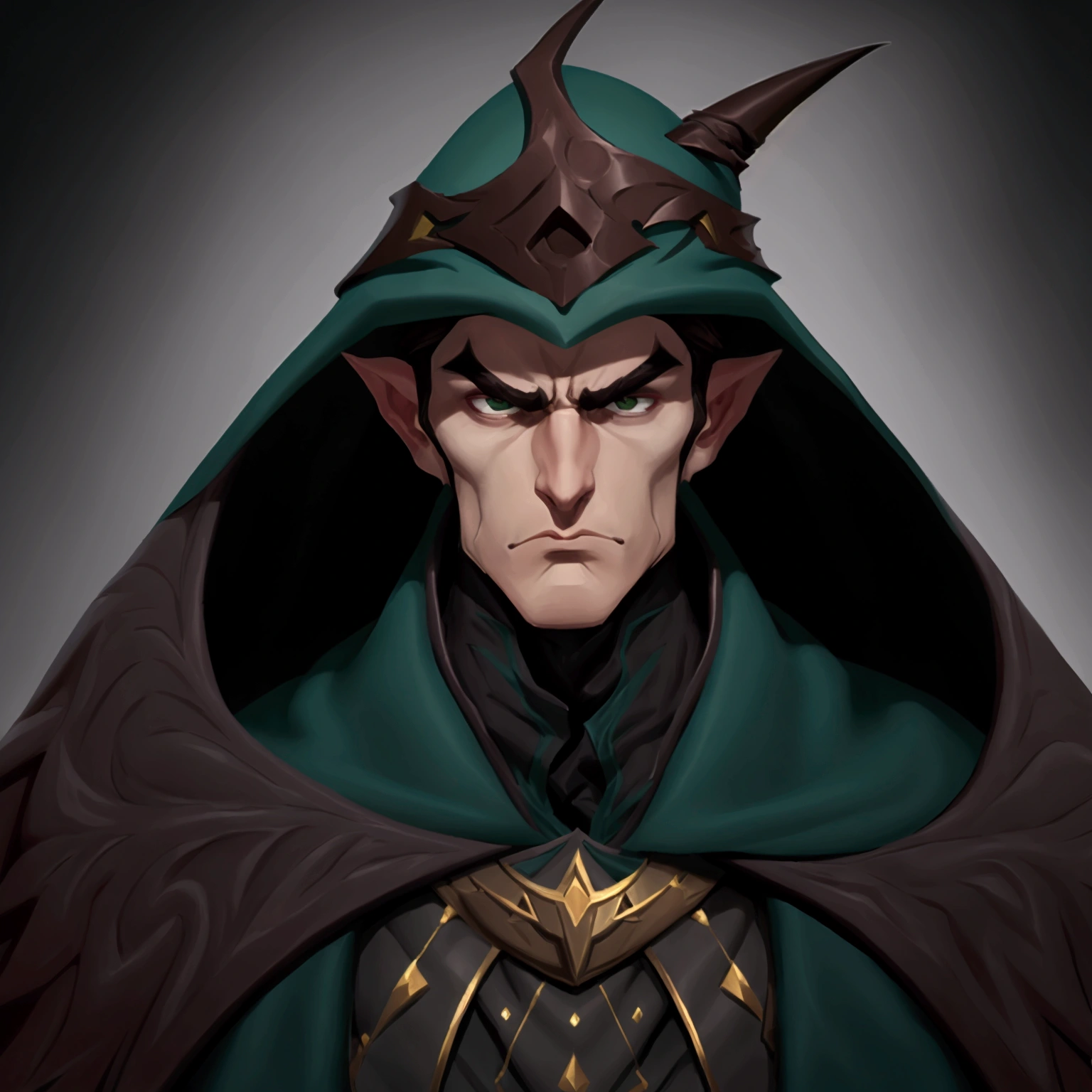 20's white male, Wearing a cloak, brown short hair, Dark eyebrows, Sharp and prominent cheekbones, A nose that extends straight in a straight line, tightly shut mouth, Very sharp jawline, slightly protruding chin, green eyes, Brown cloak with dark green hat, A protective piece of iron on the shoulder, The skin is dark but white., He is frowning, so his eyebrows are directly above his crescent-shaped eyes., A slanted face that protrudes forward as the face descends toward the chin., Upper body center, Zoom in,