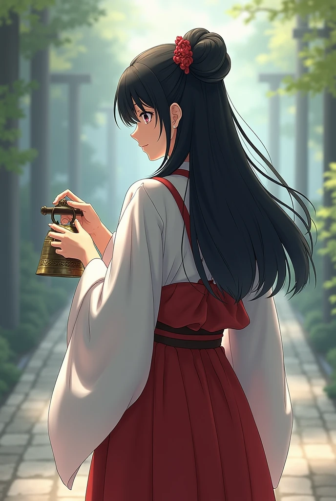 Miko priestess, holding suzu back facing 