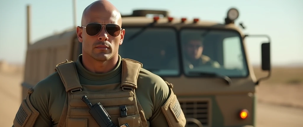 4k ((best quality)), ((masterpiece)), (detailed), hd, realistic face very muscular bald male soldier full body stand by military truck sunglass,