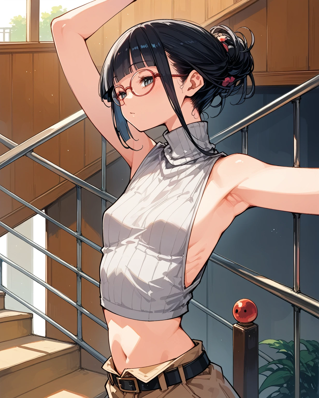 Revealing clothing,Focus on your audience,Naughty,The sides of the upper body are completely exposed,側面が完全に空いているデザインのSleeveless turtleneck,Exposed from the flank to the chest,Protruding ribs,Exposed waistline,Super low rise,Not wearing an inner layer、胸元が開いたデザインのSleeveless turtleneck,Exposed chest、Exposed flanks,sexy,Flat Chest,Focus on your audience,Very thin body,Anime Style,Slim figure,delicate,Glasses,Asian woman wearing a grey top posing on the stairs, Sleeveless turtleneck_Baggy, 脇が完全に開いているSleeveless turtleneck_Relaxed back design,rib cage,Side bust,Shoulders are wide open,sexyなWearing a crop top, Photo of slim girl model, Chiho, T-Top, shikamimi, Wearing a crop top, Real life anime girls, Kurohime cut hair, Chassis, 2 4-year-old female model