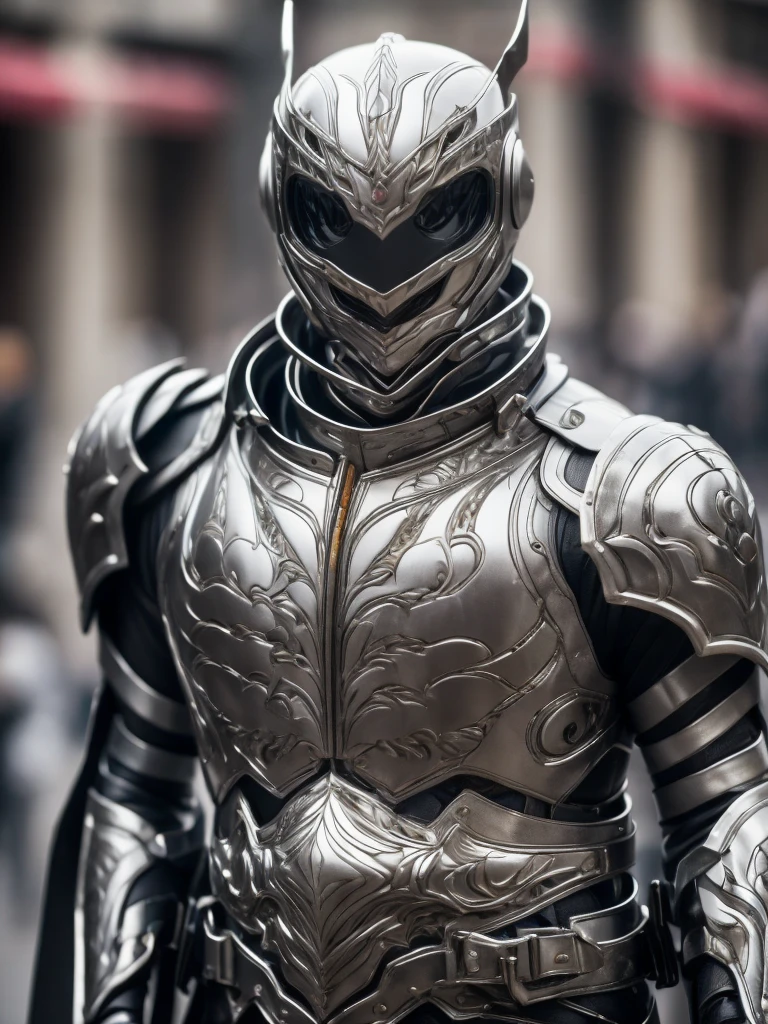 best quality, 8k, very delicate and beautiful, highly detailed face and skin texture, shiny skin, high resolution, man in cyber armor stand on street, full body, sharp focus