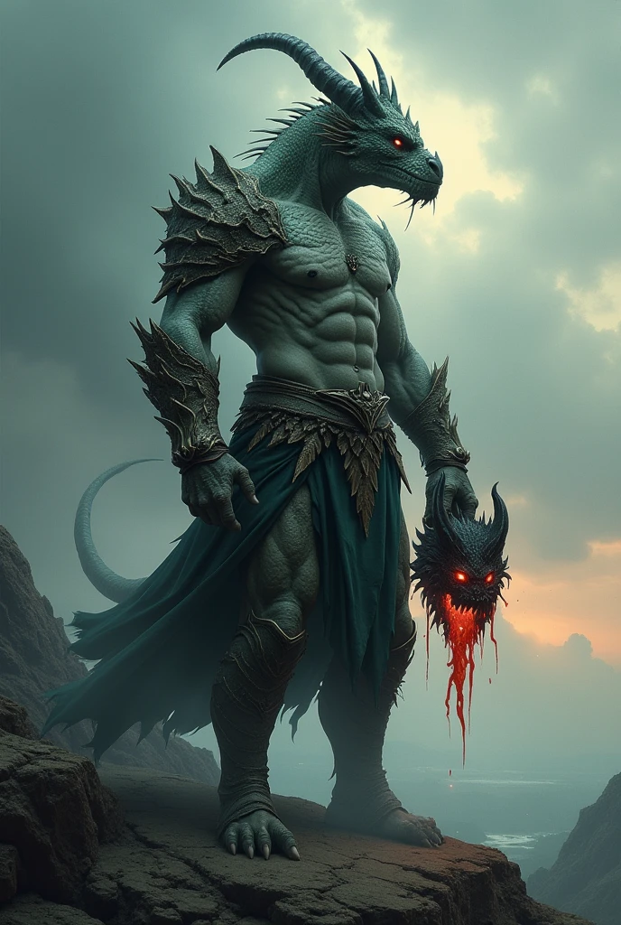 A half-human draconian warrior looking towards the horizon holding the head of a demon in Dark Fantasy style