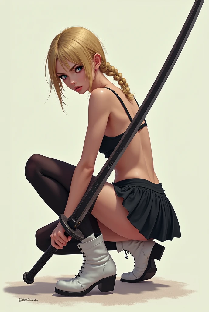masterpiece, Best Quality, super rendering, super Realistic, High Detail Face, Clean and delicate face, whole body, Crouch and swing a long sword, grip the sword anatomically correctly, Single Braided blonde pony tail, parted bangs, forehead, wearing a camisole and pleated mini skirt, bare ass, open legs, Sleeveless, black pantyhose, white short boots, glaring at the viewer, simple color background