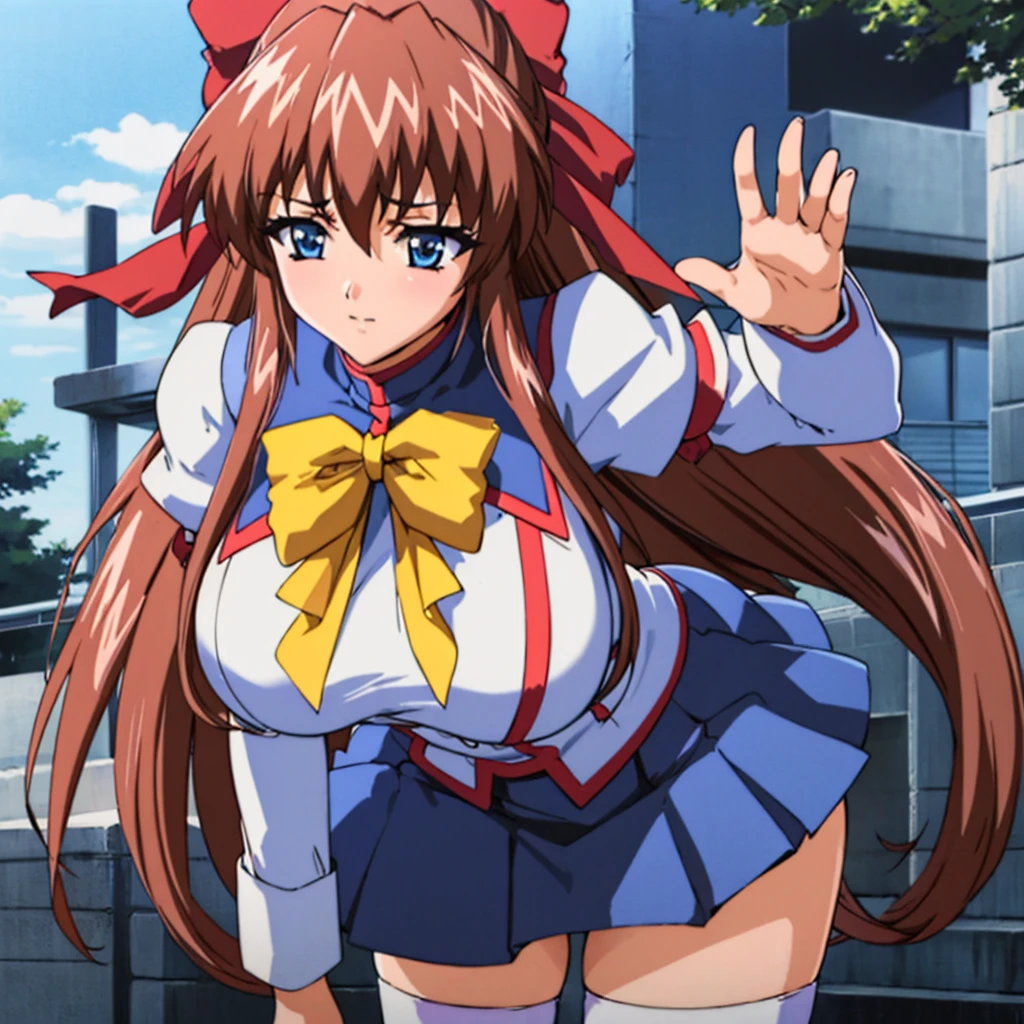 Main 1, One Girl, Aoikan, Straight Long Hair, high income , alone, (school uniform, Long sleeve, bow tie, Blue Skirt, White knee socks) , Hair Ribbon, big medium breasts, Cowboy Shot, wave hands, Outdoor, Leaning forward,
