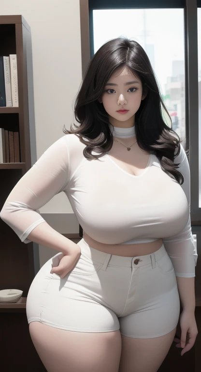 There is a woman taking a picture wearing a white shirt and white shorts., beautiful Thick female, Tsk tsk tsk, wide hips, Thick thighs, attractive plus size model, Rubenesque, Thick legs, big thighs, plus size women, 가장 wide hips, Thick body, Thick, Attractive hourglass shape, Attractive models, Arabian-Japanese Goddess , Beautiful attractive woman, slightly fat arms , Equip 5 bracelets, Wear 3 diamond necklaces, huge breasts, Fat sagging breasts, 미친듯 huge breasts