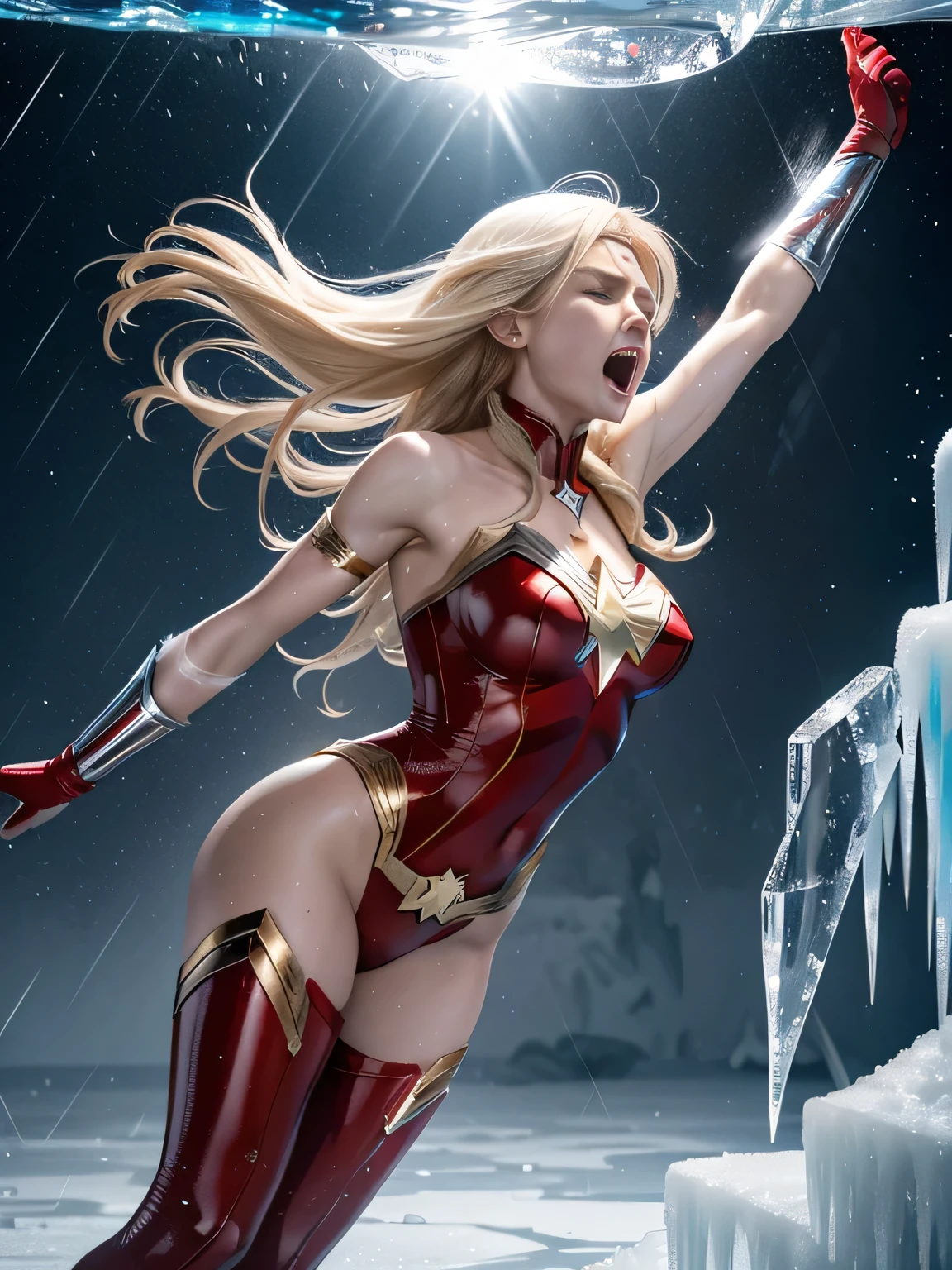 wonderwoman, long long gorgeous shining blonde hair, slender body, latex, leotard, red costume, enveloped cold storm, white cold air, (in frying many ice bullets), trapped in ice, (she is frozen in ice), ice cube is covering her, body frozen, limbs frozen, hair frozen, all over frozen, intense blizzard space distorted, cruelly, (painful), helpless, (screaming in pain), (screaming in ice prison), eyes closed, gritting teeth, suffering, (lying face up), spreading hands, lifting feet off the ground, being blow through the air, ((ice rain hiting her hard)), seen many ice explosion, explosion hitting her, in land of ice