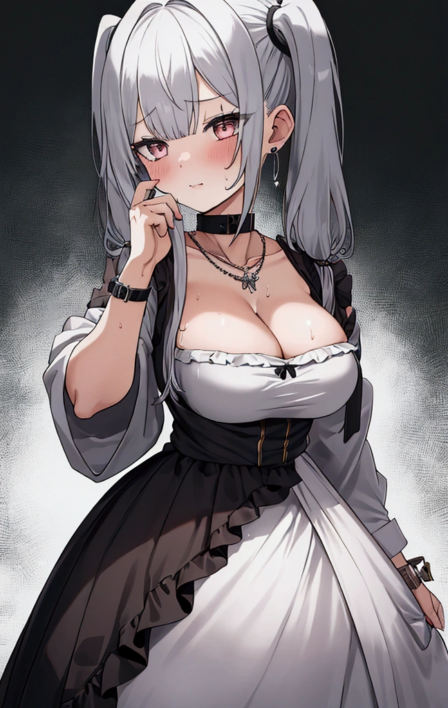 Full body image, high quality, Lots of details, woman, A girl with silver hair and twin tails poses cutely. They are dressed in vintage gothic clothing, Putting on a bracelet, Earrings and Necklaces. I can see big things. The photo is a close-up of the face, Cleavage, Shining Breasts, Sweat in cleavage, Sexy vibe., {{A monster girl who has had her face ripped off and is taking over the girl&#39;s body}}, NSFW