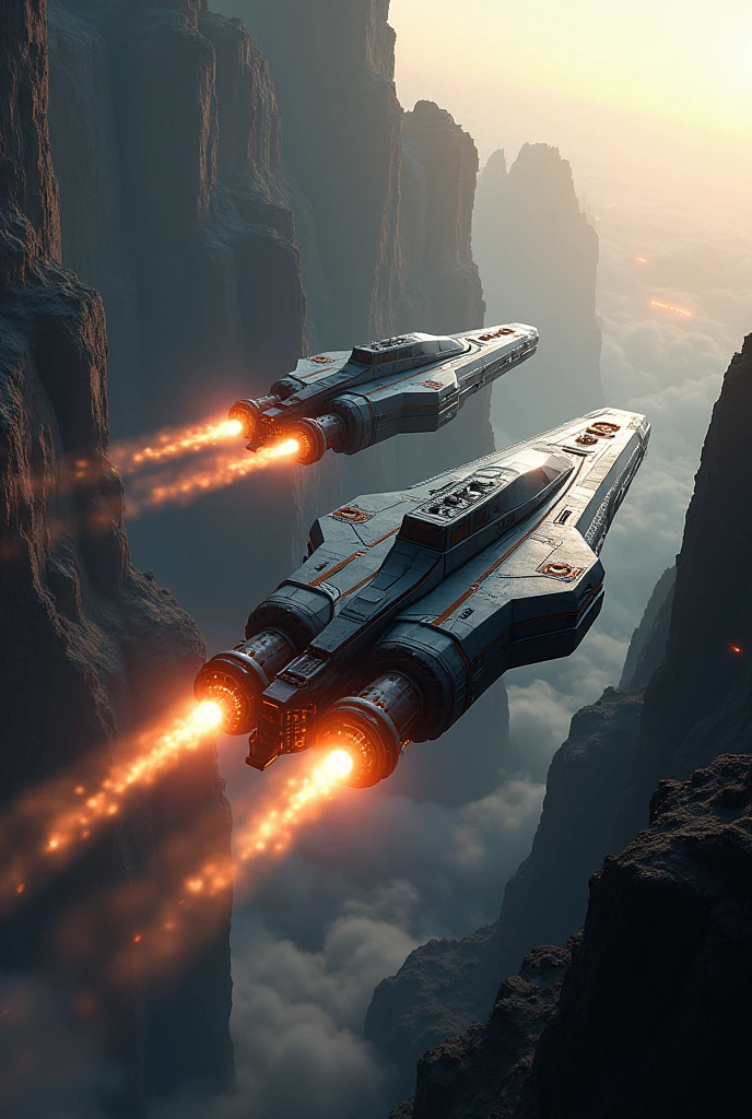 Two spaceships flying over a cliff