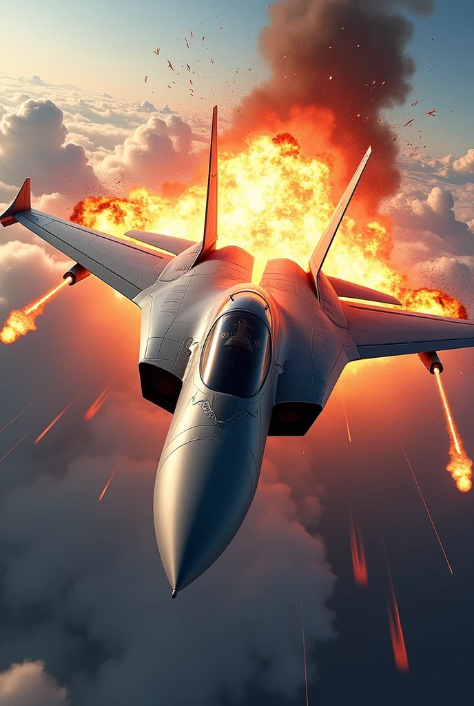 A frontal shot of a fighter jet exploding in the sky, game style