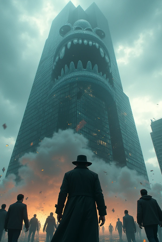 Please draw me a picture of a man wearing a black hat and a black windbreaker saving the employees of the glass high-rise building that has turned into a terrifying monster.