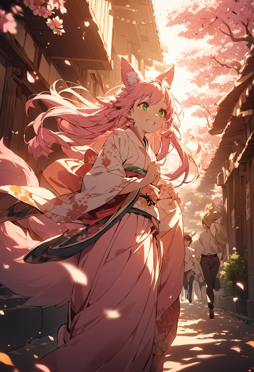 a Young girl, kitsune girl, long pink hair, green eyes, long kitsune ears, large and long pink tail, beautiful detailed eyes,  soft lighting, warm color palette, , cinematic composition, dramatic lighting, highly detailed, intricate details,  kimono dragon Style, very happy, Running down a street filled with flowers and Sakura trees,  