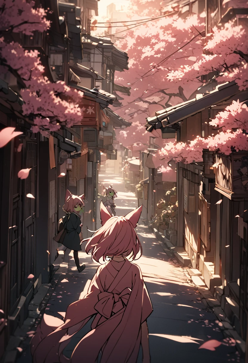 a Young girl, kitsune girl, long pink hair, green eyes, long kitsune ears, large and long pink tail, beautiful detailed eyes,  soft lighting, warm color palette, , cinematic composition, dramatic lighting, highly detailed, intricate details,  kimono dragon Style, very happy, Running down a street filled with flowers and Sakura trees,  