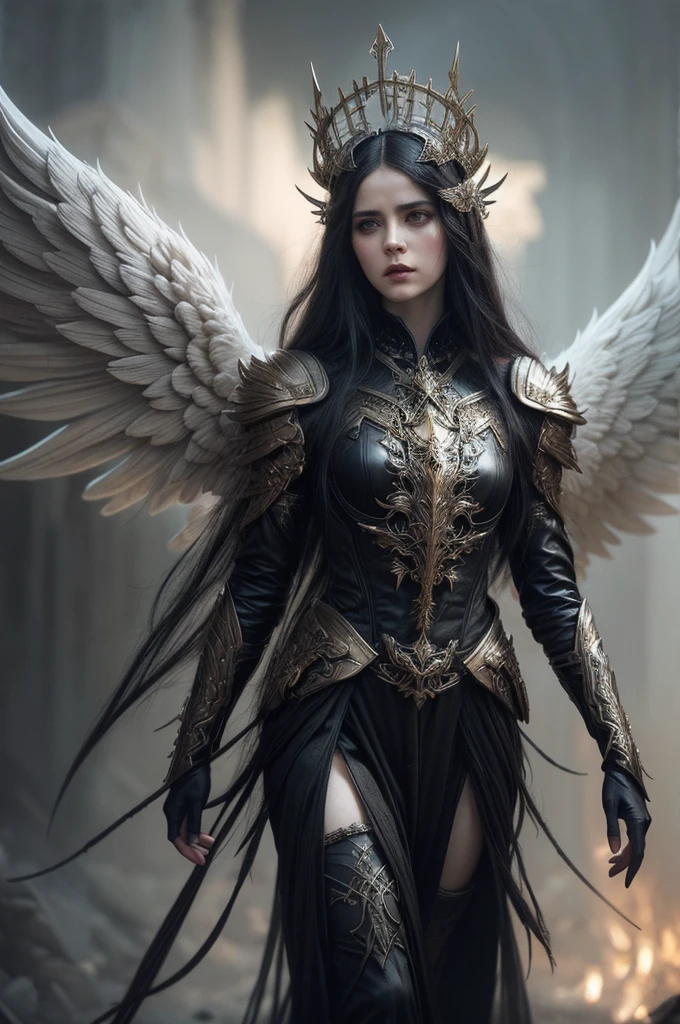 An Angel of the Apocalypse, biblical, dramatic facial expression, walking forward, determined, epic,
style of Karol Bak,
style of Tom Bagshaw,
style of Anne Bachelier,
masterpiece of charcoal drawing