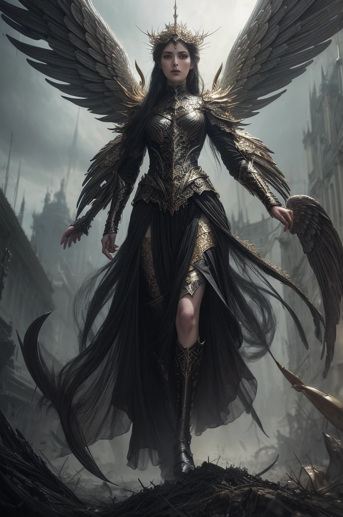 An Angel of the Apocalypse, biblical, dramatic facial expression, walking forward, determined, epic,
style of Karol Bak,
style of Tom Bagshaw,
style of Anne Bachelier,
masterpiece of charcoal drawing