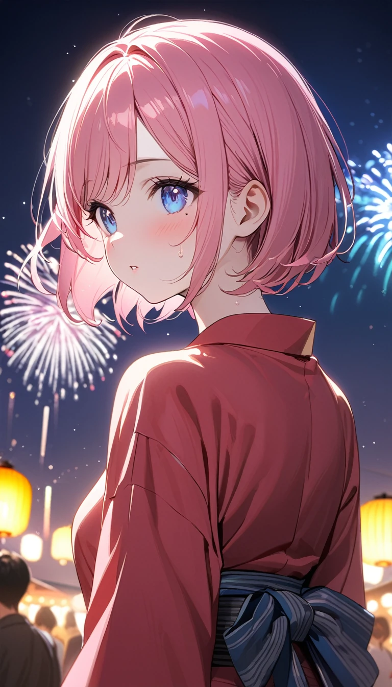 (1 girl),(Best Picture Quality, 8K, Masterpiece:1.3), (high school student:1.5), ((pink lob hair:1.1)), (bob cut),(swept bangs), (cute eyes, pupil black, iris skyblue, youthful face), (mole under right eye), (standard weight), (small breasts), (glistening skin:1.1 3),(pale skin:1.2),(sweaty skin:1.2),((yukata)),(looking up at the sky),(back shot), (strong wind), night, summer festival, fireworks, pulled composition,(magnificent view:1.3).