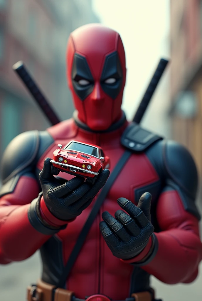 Deadpool&#39;s hand holding a toy car