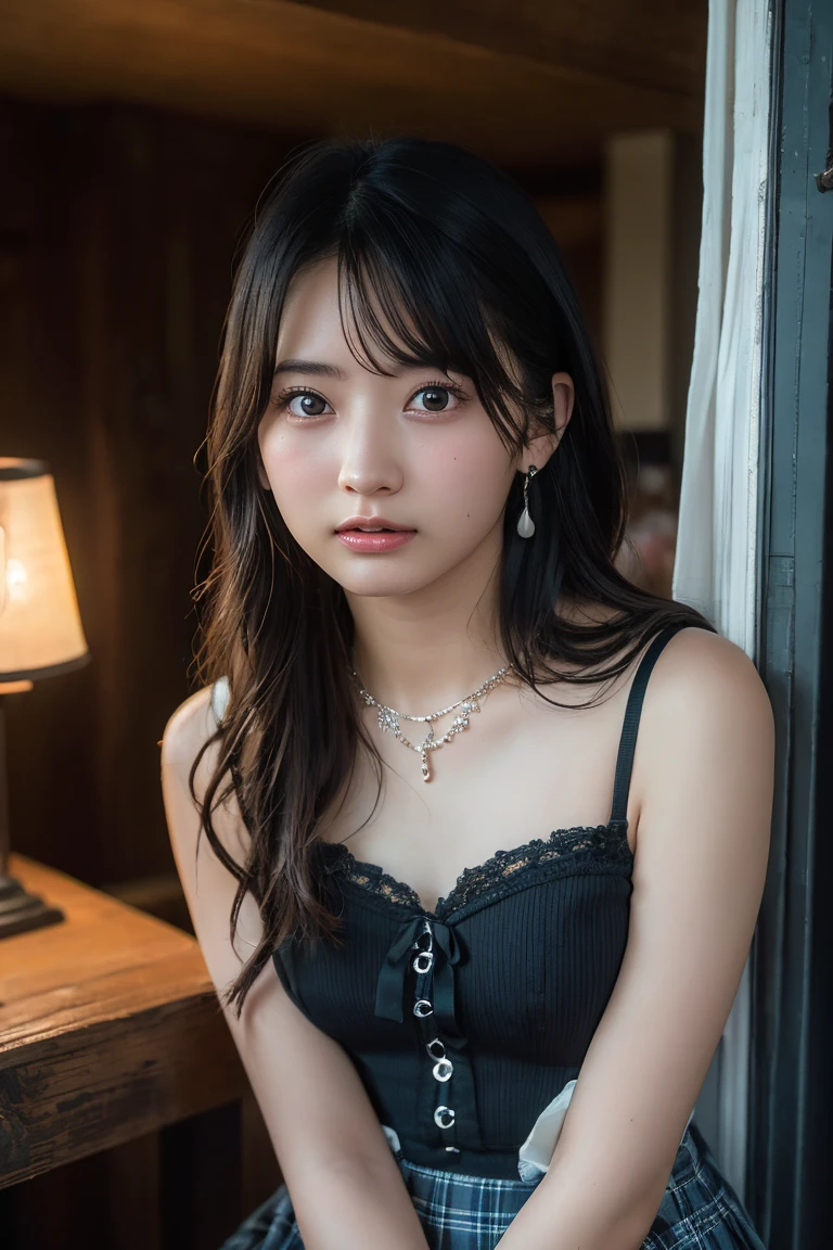 (Highest quality:1.4),(masterpiece:1.4),(Realistic:1.4),(Realistic:1.2),(超High resolution, RAW Photos:1.4),(High resolution, Ultra-detailed:1.2),(8k:1.2),View your viewers,Cinematic photography,One girl,skeletally correct,Black-haired woman,Woman in her early 20s,(Small earrings,necklace,Ribbon bustier,Pleated mini skirt),(Western-style building interior,Dimly lit room,The lamplight shines on my cheeks)