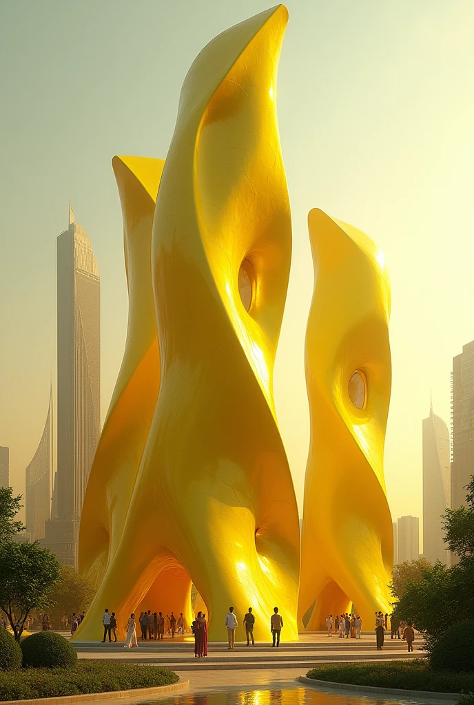 Our future architecture generation with beautiful tall buildings having a shape of yellow lemon