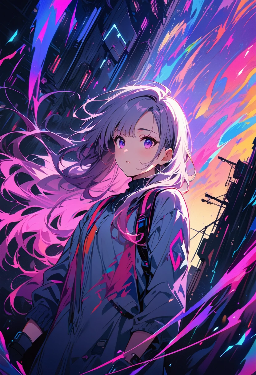 1 girl, Inji, Purple Hair, Purple eyes, Long Hair, Gray Hair, Double Knit, Gradient Hair,Photos that show the beauty of artificial intelligence, Contains striking, vibrant and attractive colors with overlapping symbols and circuits.masterpiece, Top quality artwork. This image is an incredibly detailed 8K CG wallpaper., Art Film Lighting and Cinematic Tones、Equipped with a neutral filter.