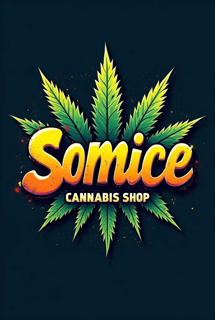 Somice Cannabis Shop logo has cannabis leaves, cool letters, graffiti style, vertical image, cool background.