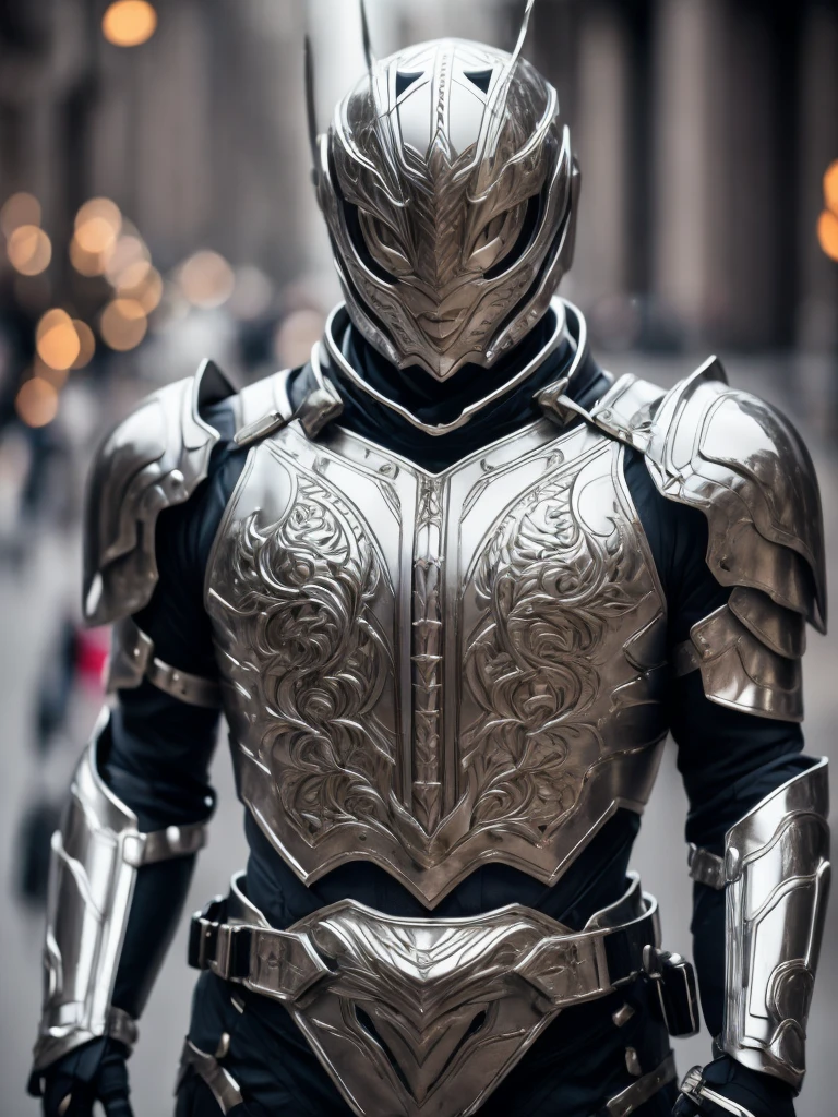 best quality, 8k, very delicate and beautiful, highly detailed face and skin texture, shiny skin, high resolution, man in cyber armor stand on street, full body, sharp focus