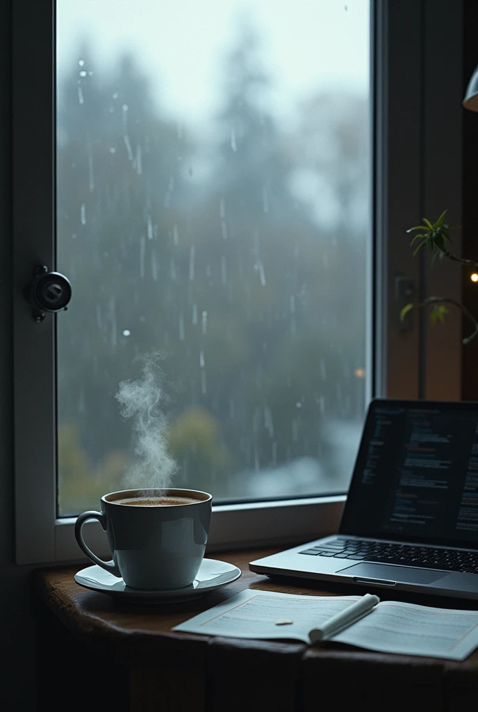 Windows view of rain 
Laptop 
Cup of coffee 
Data sheet 
Chocolate 
