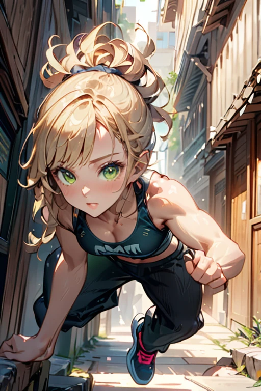 college woman; Athletic and toned physique; naturally attractive with delicate features; long, wavy blonde hair often tied back; striking green eyes; fair skin with a light tan; best quality; soft blur background; trending on artstation; complex volumetric lighting; strong shadows; artistic lighting; dynamic; energetic vibe; realistic skin; specular highlights; micro-textures; highly detailed hair; doing parkour
