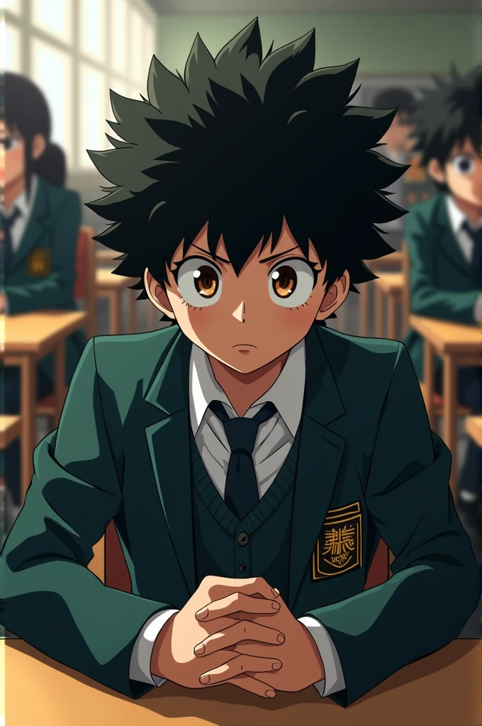 Understood! It seems like you are describing a screenshot of "My Hero Academia". The character you mention has black curly hair, brown skin, brown eyes and a serious expression. besides, lleva el uniforme de la INA (IN.A. high school) and is sitting at a table in a school classroom. 