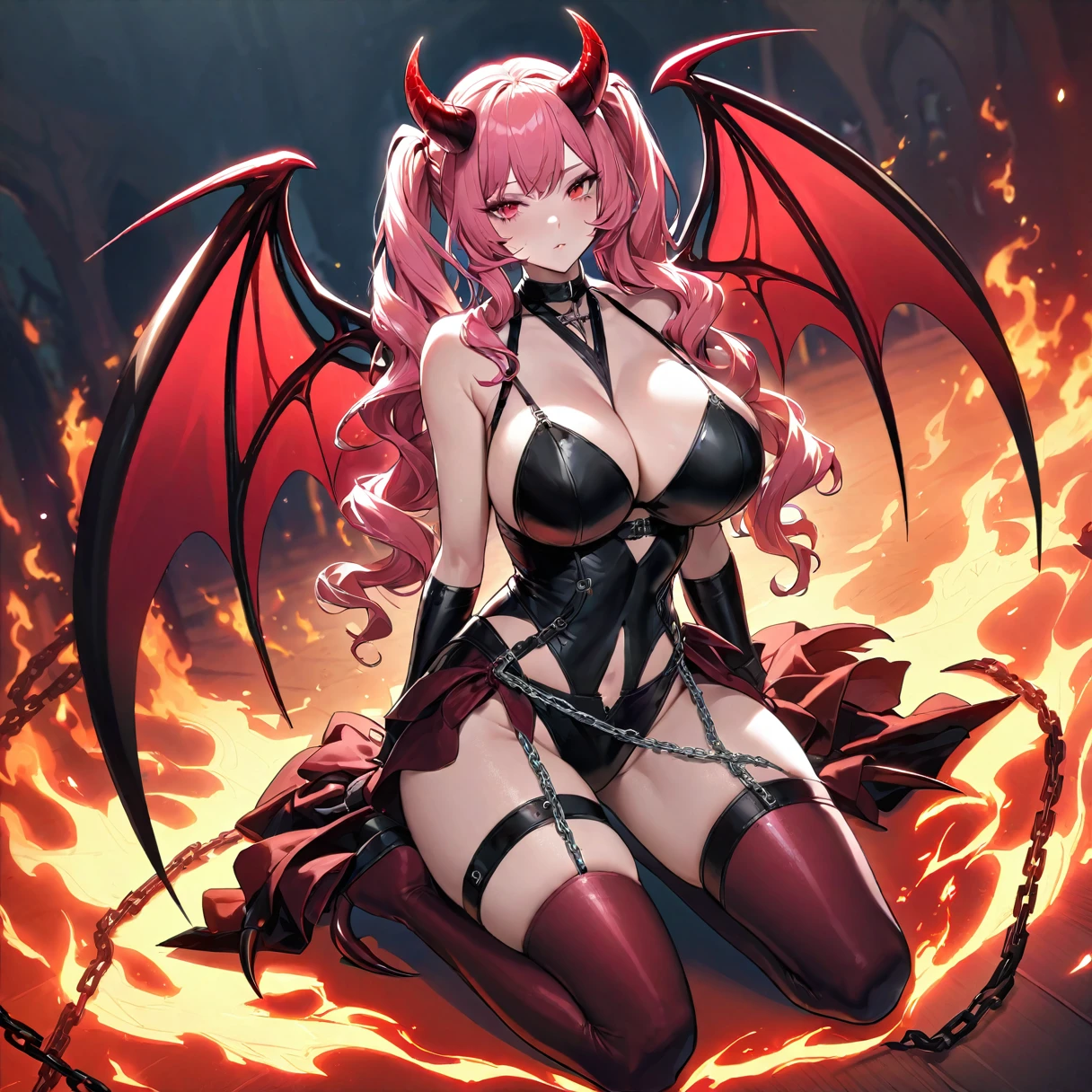 a horned demoness wearing an succubus dress is tied down with chains, demon tails, her wings tied behind her back, pink long hair, red eyes, expressionless, long twintails cut, looking at viewer, fire in background, chromatic aberration, demon horns, succubus, goddess, lingerie, devil, huge breast, wavy hair, sexy, red and black costume color, full body, detailed costume, angelic demon,demon skirt