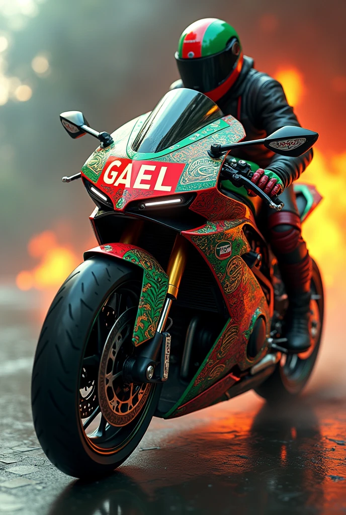 On a motorcycle with the colors of the Mexican flag, the word GAEL