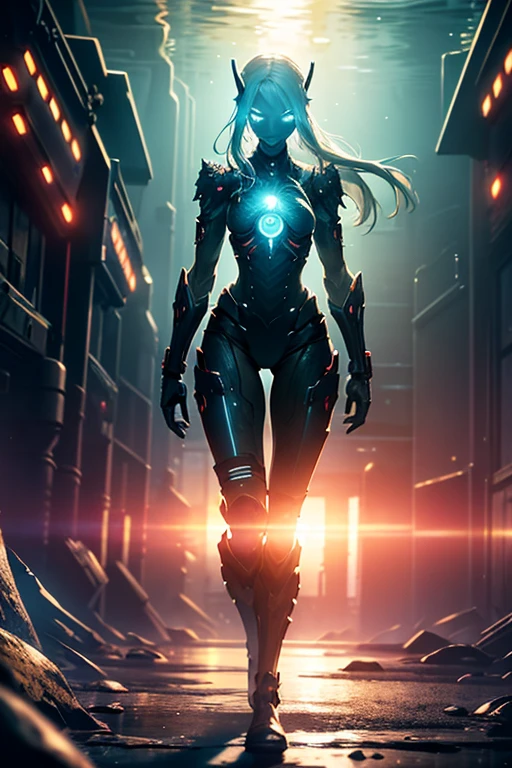 A slender female android cyber warrior with excellent rusty proportions fighting against a giant glowing with luminous organs in the deep sea, full-body pulling angle, dystopia, detailed textures, a scene from a live-action movie, strong bloom, strong subject matter. Depth of field, 8K
