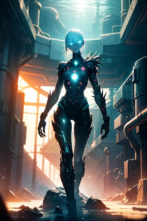 A slender female android cyber warrior with excellent rusty proportions fighting against a giant glowing with luminous organs in the deep sea, full-body pulling angle, dystopia, detailed textures, a scene from a live-action movie, strong bloom, strong subject matter. Depth of field, 8K