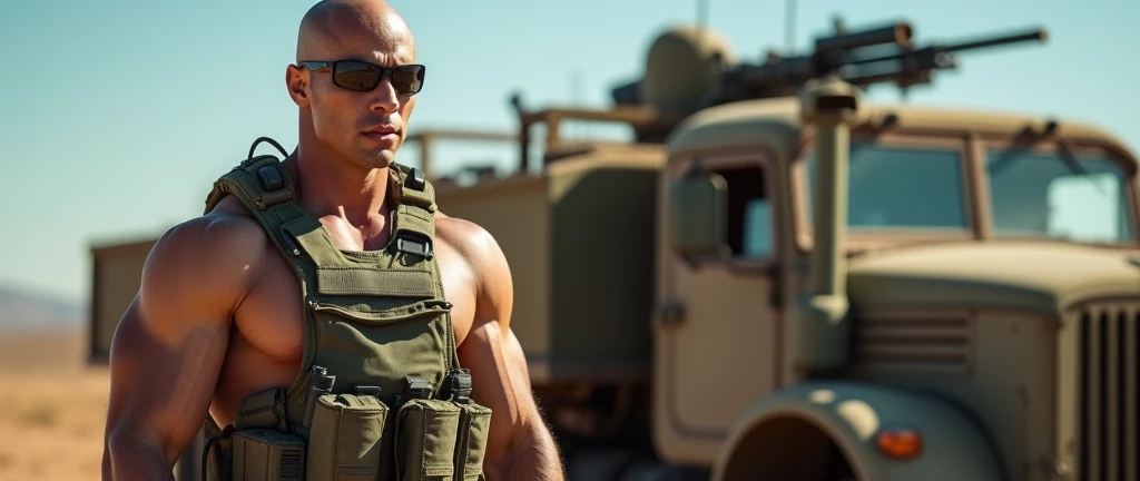 4k ((best quality)), ((masterpiece)), (detailed), hd, realistic face very muscular bald male soldier full body stand by military truck sunglass, 