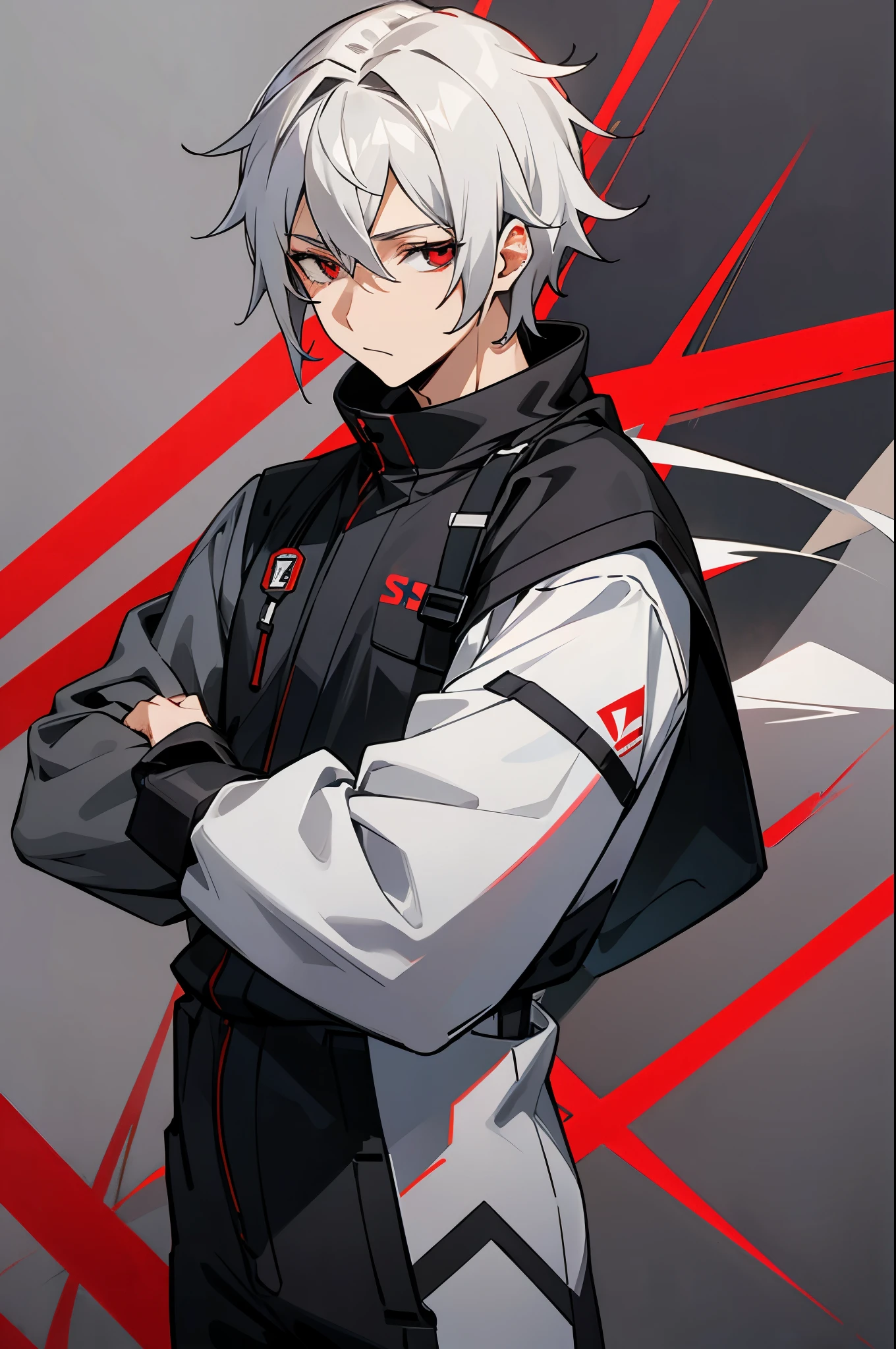 male, young adult, White Hair, Red eyes, Black and gray jumpsuit, SOS Logo.